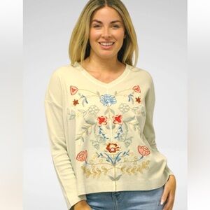 CAITE  Sena Top Floral Embroidered V-Neck Sweater in BIRCH Color